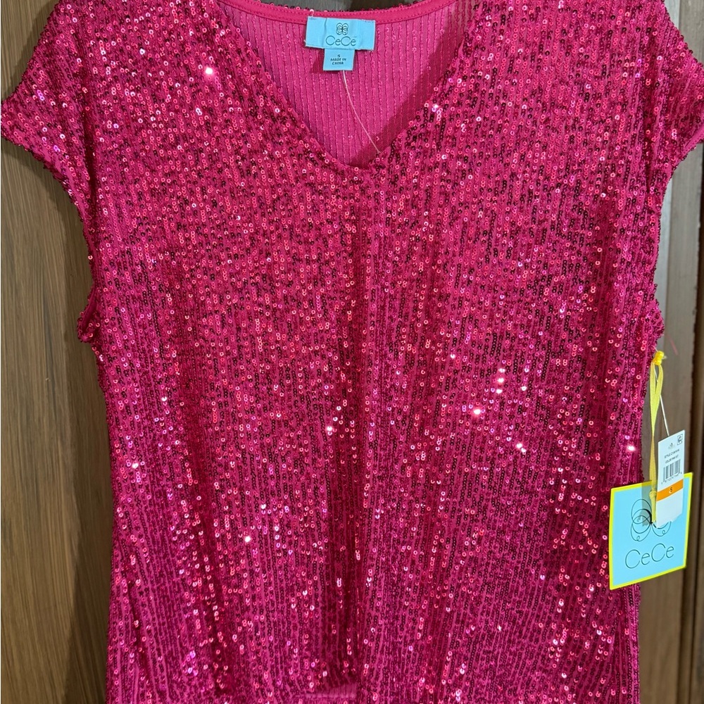 CeCe Red Sequin Short Sleeve Top